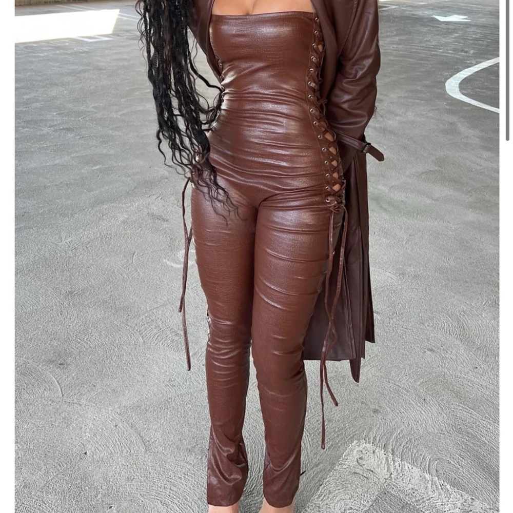 Fashion nova brown leather jumpsuit